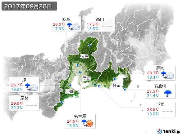 東海地方(2017年09月28日の天気
