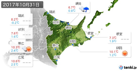 道東(2017年10月31日の天気