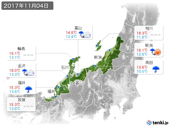 北陸地方(2017年11月04日の天気