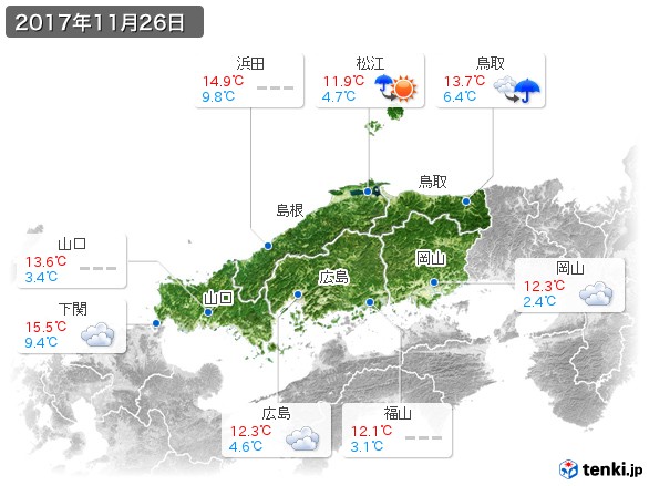 中国地方(2017年11月26日の天気