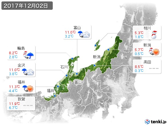 北陸地方(2017年12月02日の天気