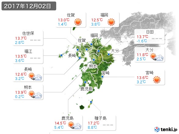 九州地方(2017年12月02日の天気