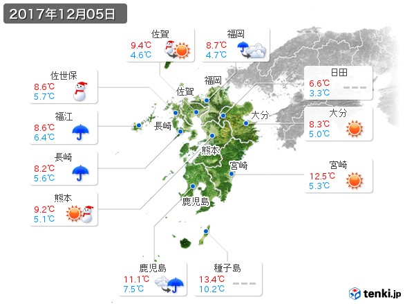 九州地方(2017年12月05日の天気