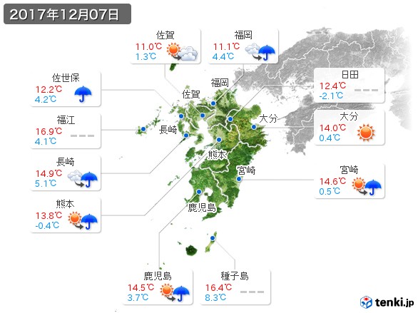 九州地方(2017年12月07日の天気