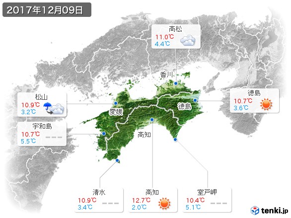 四国地方(2017年12月09日の天気