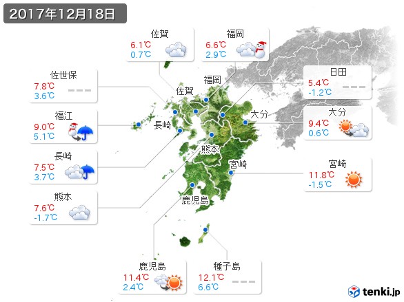 九州地方(2017年12月18日の天気