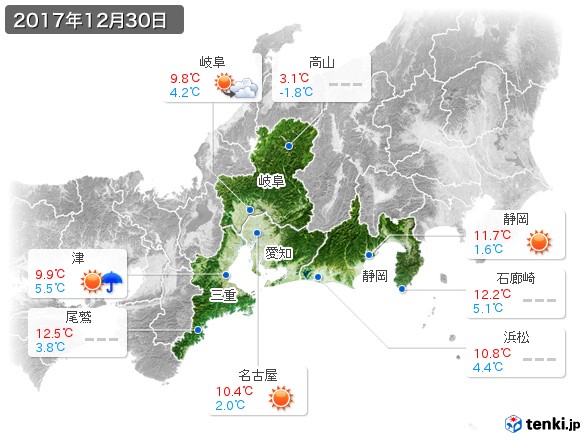 東海地方(2017年12月30日の天気