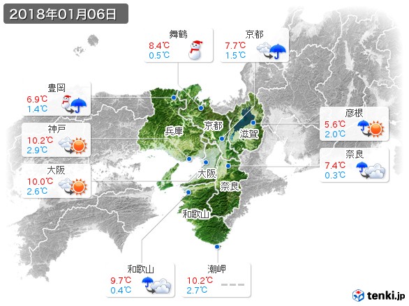 近畿地方(2018年01月06日の天気