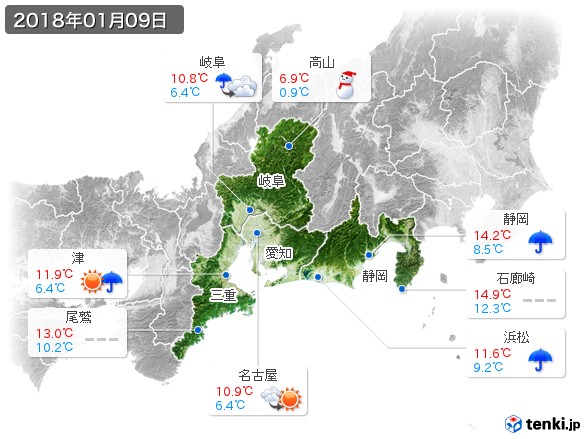 東海地方(2018年01月09日の天気