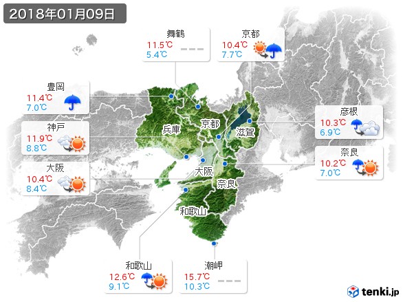 近畿地方(2018年01月09日の天気