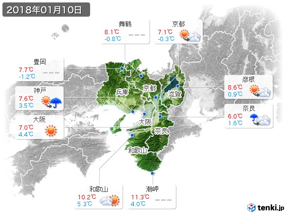 近畿地方(2018年01月10日の天気