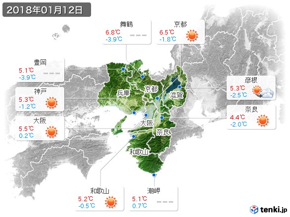 近畿地方(2018年01月12日の天気
