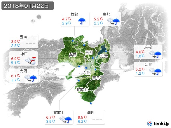 近畿地方(2018年01月22日の天気