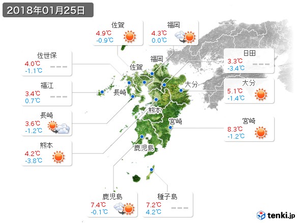 九州地方(2018年01月25日の天気