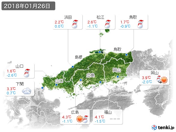 中国地方(2018年01月26日の天気