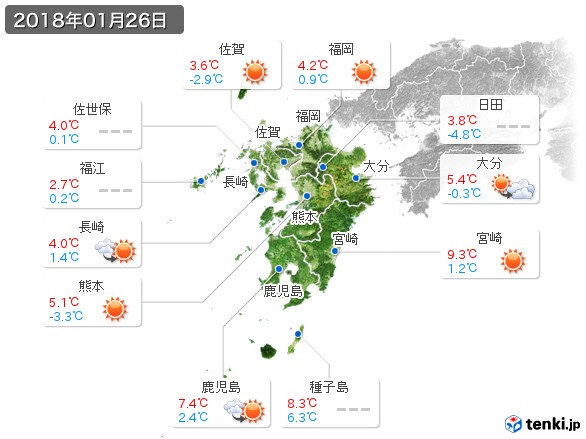 九州地方(2018年01月26日の天気