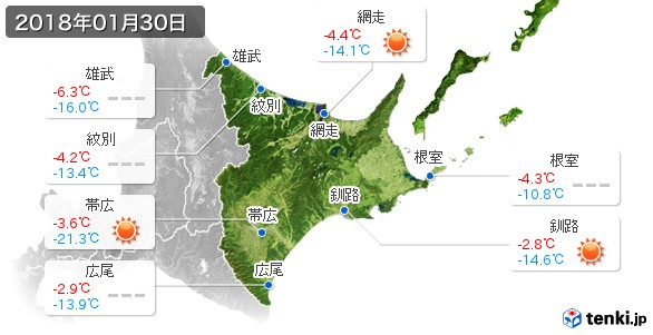 道東(2018年01月30日の天気