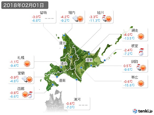 北海道地方(2018年02月01日の天気