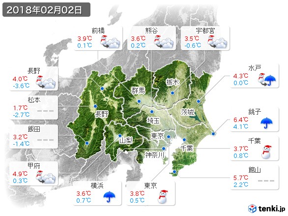 関東・甲信地方(2018年02月02日の天気