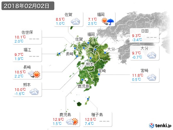 九州地方(2018年02月02日の天気