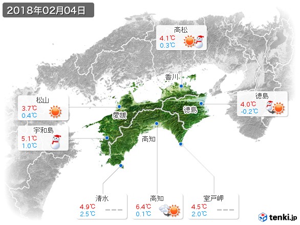 四国地方(2018年02月04日の天気