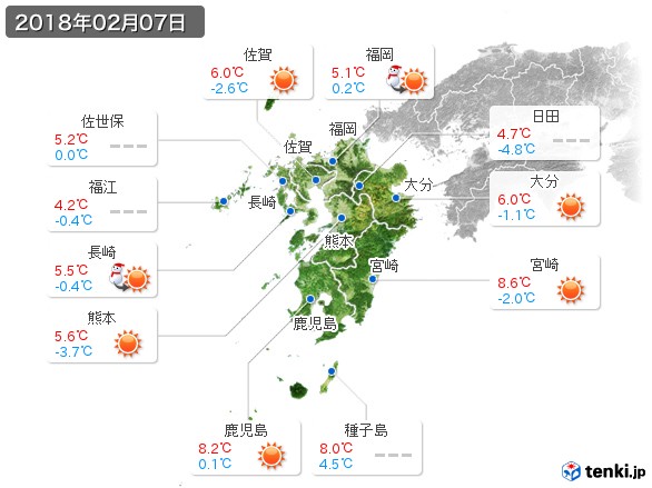 九州地方(2018年02月07日の天気