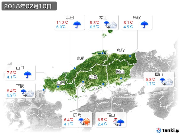 中国地方(2018年02月10日の天気