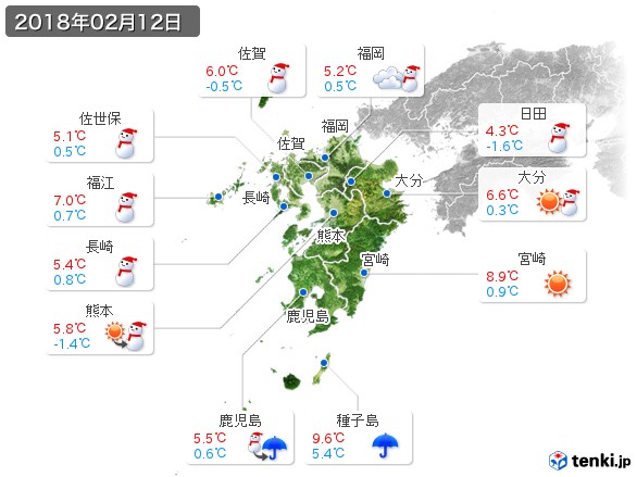 九州地方(2018年02月12日の天気