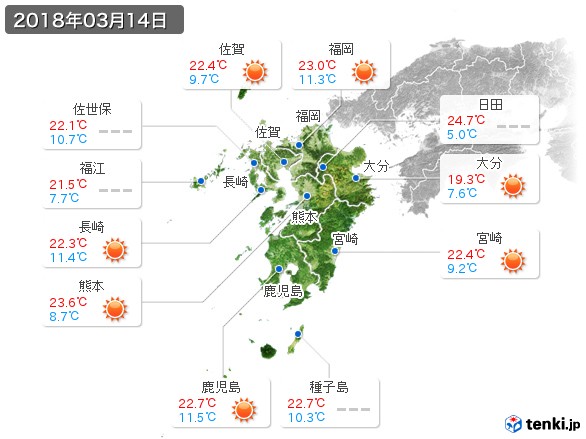 九州地方(2018年03月14日の天気
