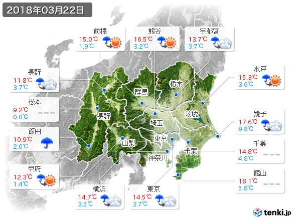 関東・甲信地方(2018年03月22日の天気