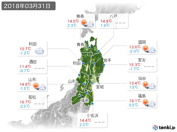 東北地方(2018年03月31日の天気