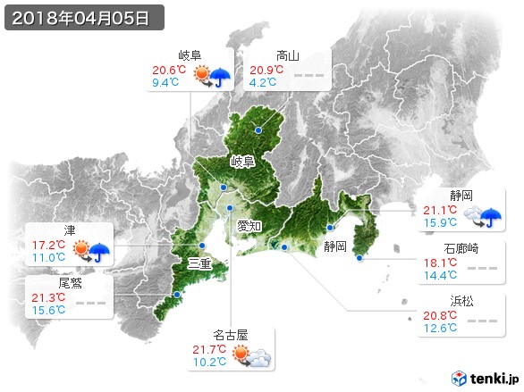 東海地方(2018年04月05日の天気