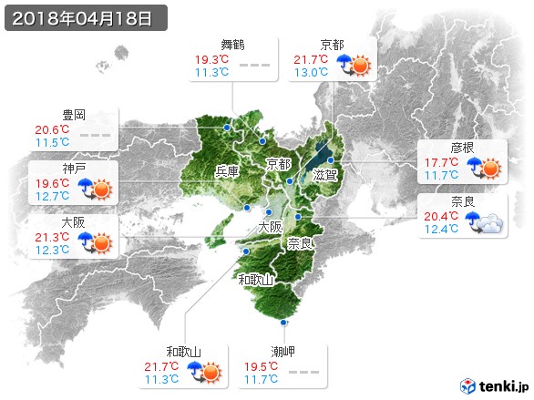 近畿地方(2018年04月18日の天気