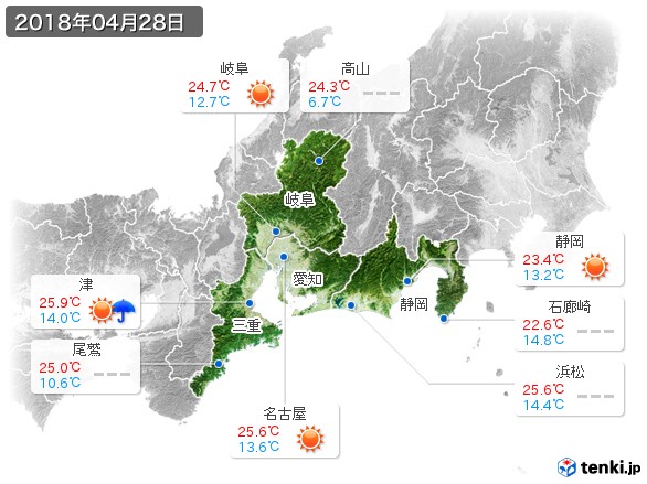 東海地方(2018年04月28日の天気