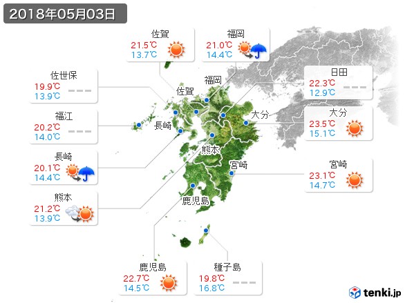 九州地方(2018年05月03日の天気