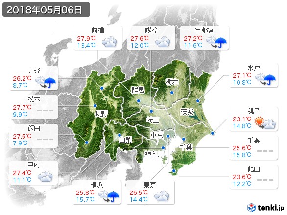 関東・甲信地方(2018年05月06日の天気