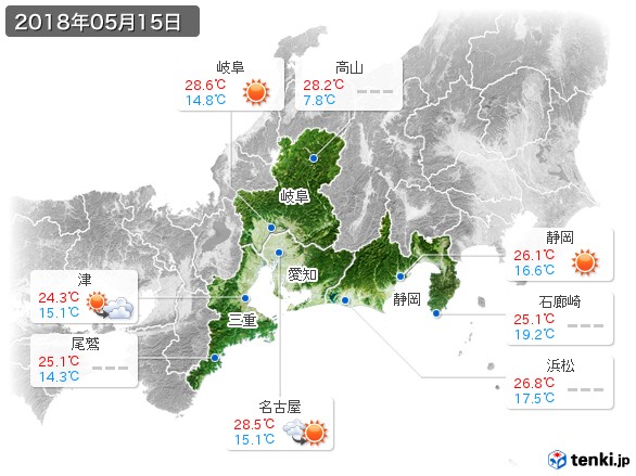 東海地方(2018年05月15日の天気