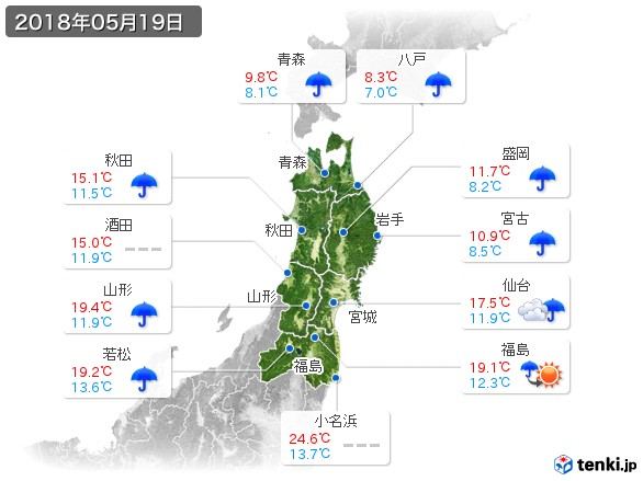 東北地方(2018年05月19日の天気
