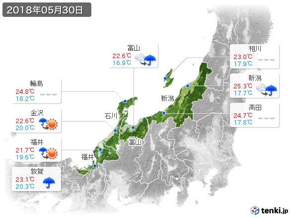 北陸地方(2018年05月30日の天気