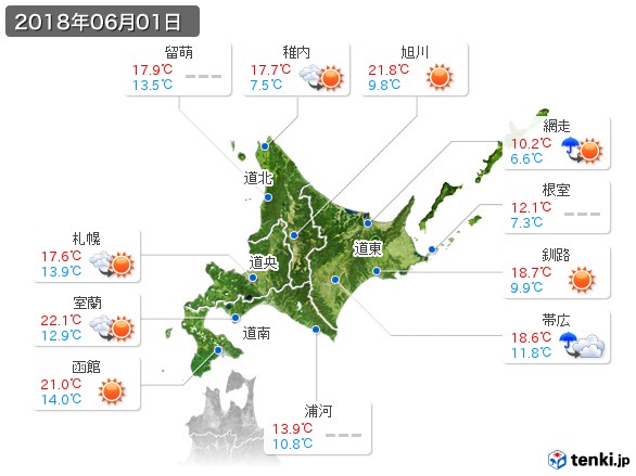 北海道地方(2018年06月01日の天気