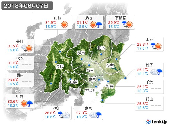 関東・甲信地方(2018年06月07日の天気