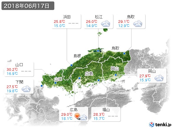 中国地方(2018年06月17日の天気