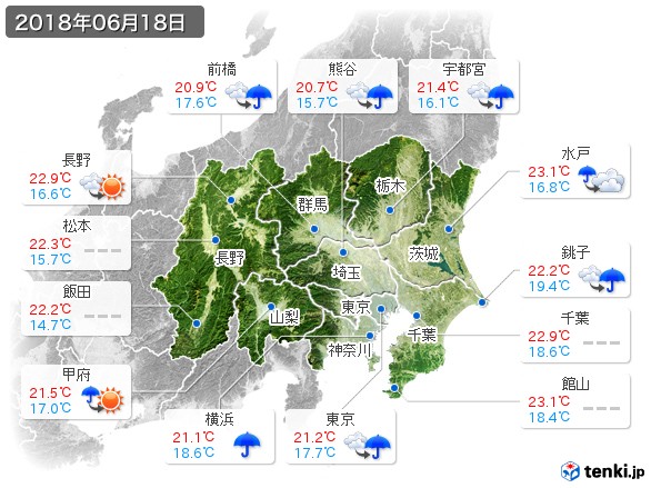 関東・甲信地方(2018年06月18日の天気