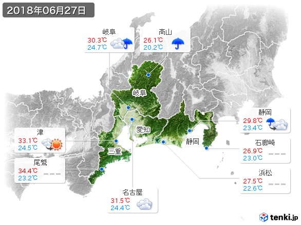 東海地方(2018年06月27日の天気