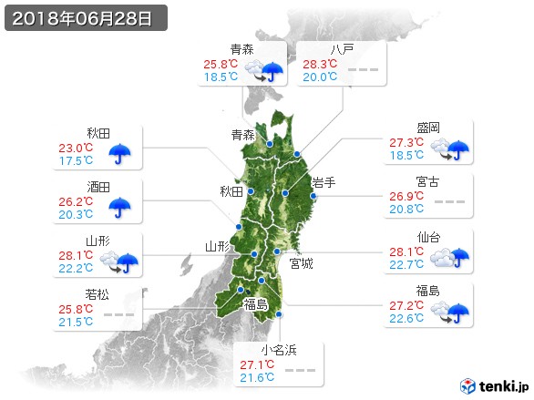 東北地方(2018年06月28日の天気