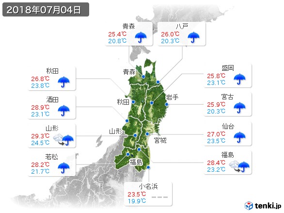 東北地方(2018年07月04日の天気