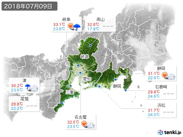 東海地方(2018年07月09日の天気