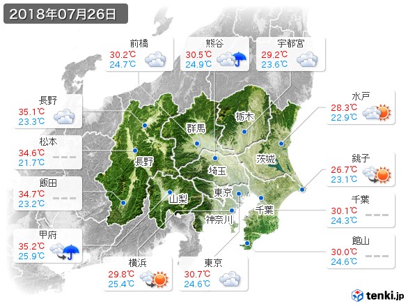 関東・甲信地方(2018年07月26日の天気