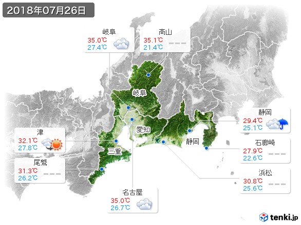 東海地方(2018年07月26日の天気