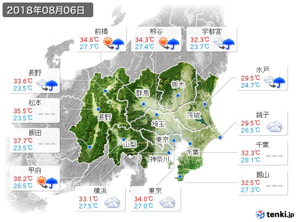 関東・甲信地方(2018年08月06日の天気